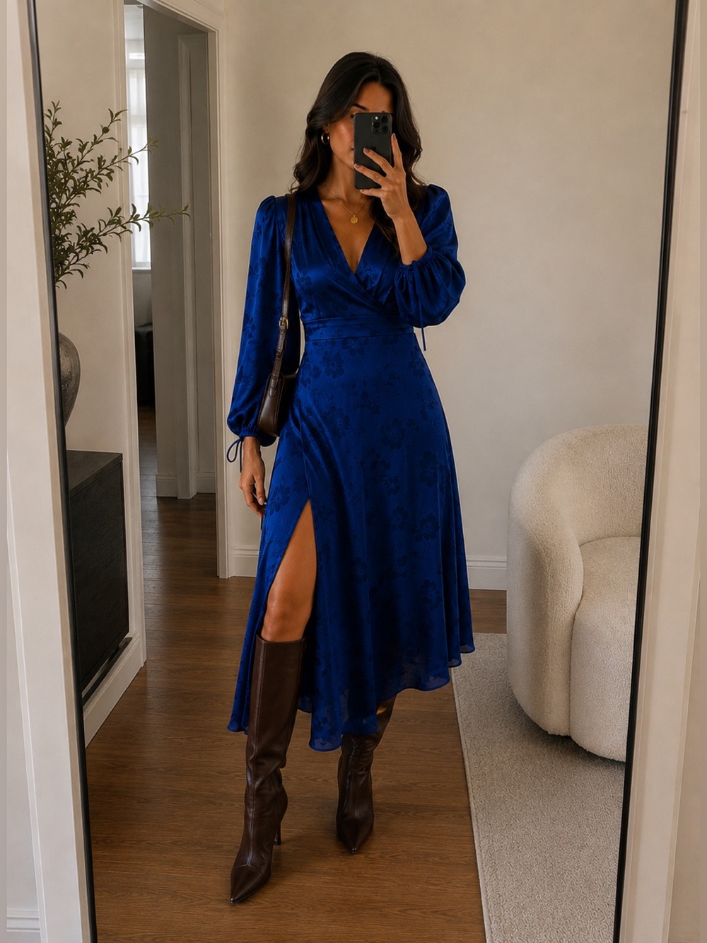 Ronny Kobo Estelle Satin Jacquard Asymmetric Midi Dress Blue Size M